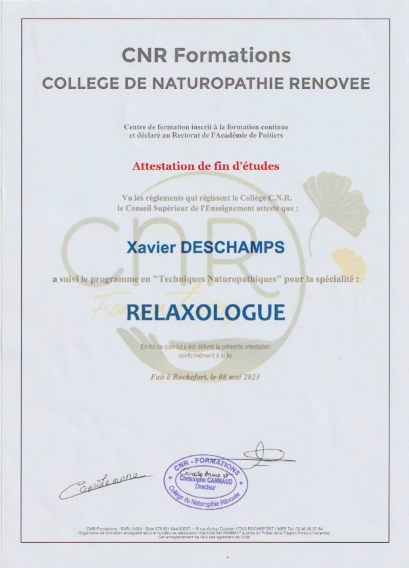 Attestation Relaxologue de Xavier Deschamps
